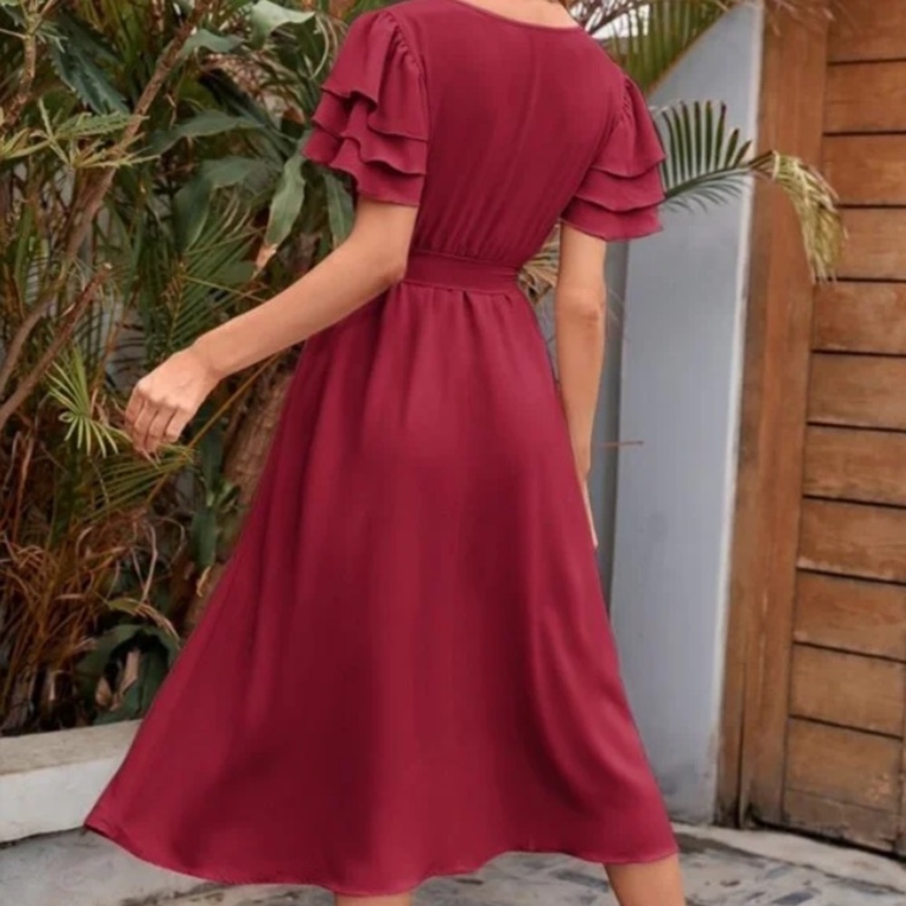 Boho Rust V neck layered Sleeve Midi Dress - Picture 3 of 15